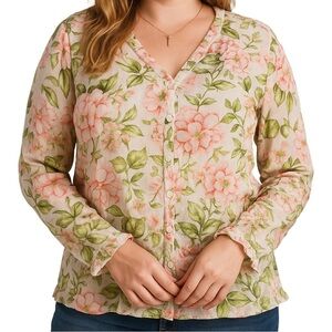 J. Jill Long Sleeve Floral Ruffle Trim Button Front Blouse, size L